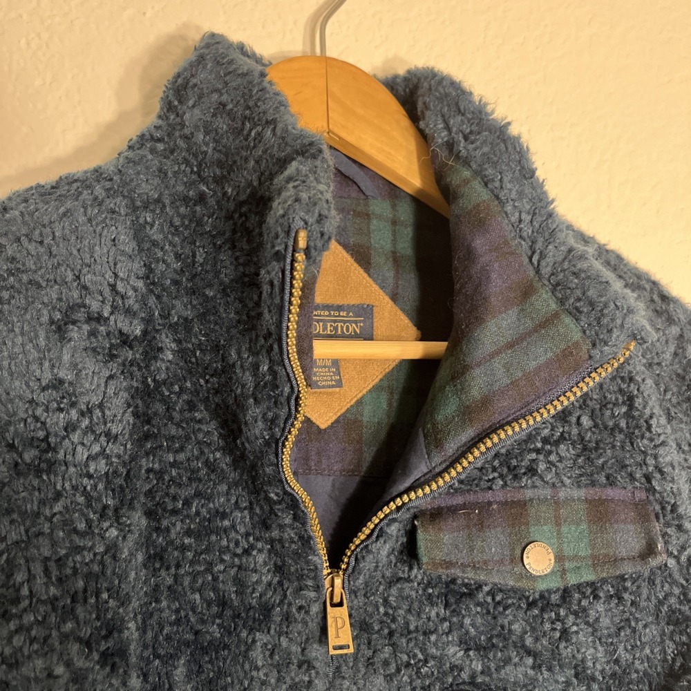 Pendleton Jacket Womens Medium Blue Green Full Zip Deep Pile Coat Mock Neck - Picture 3 of 8